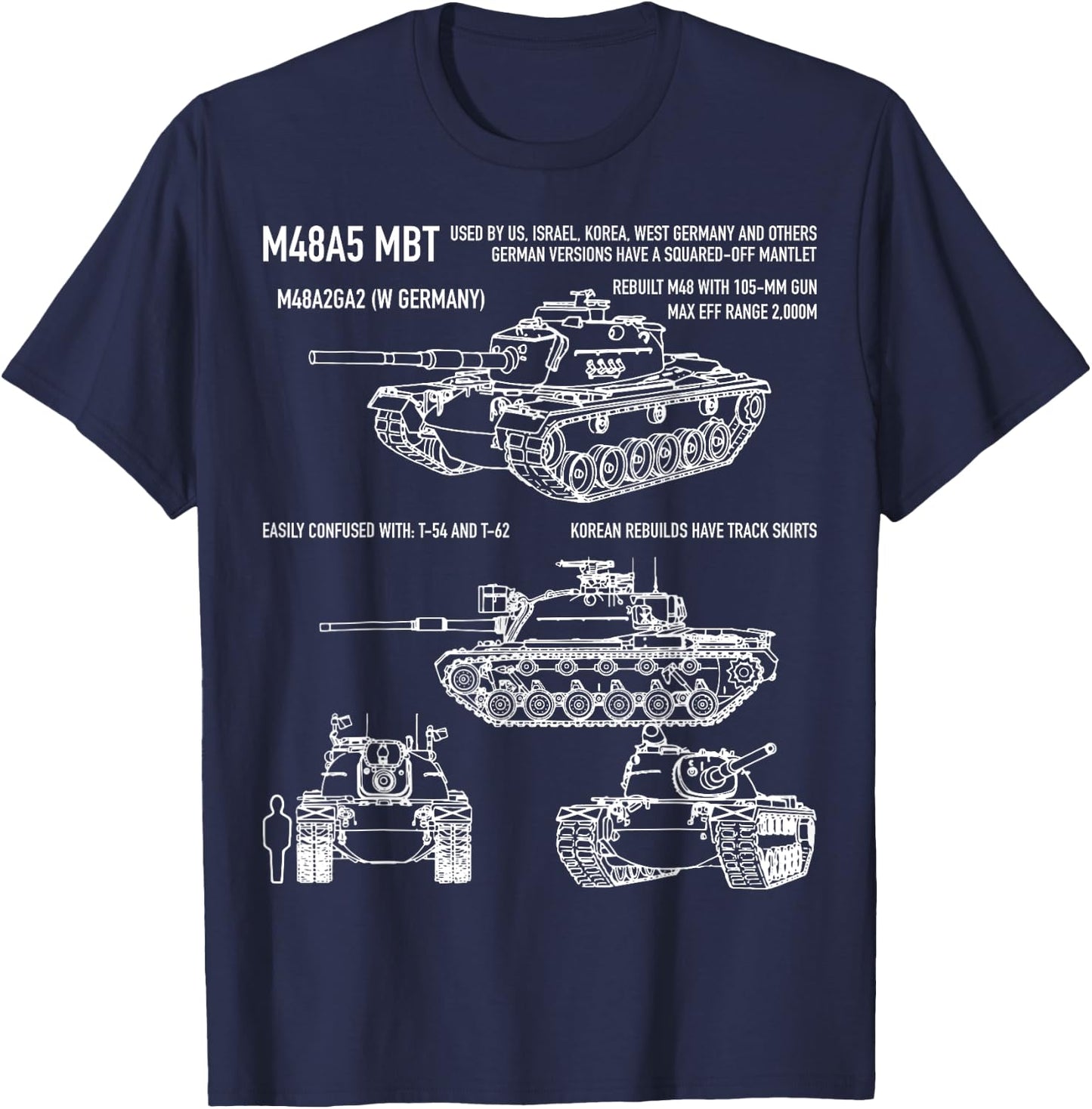 M48 A5 Patton Tank American Blueprint Diagram T-Shirt - T-Shirt | Navy