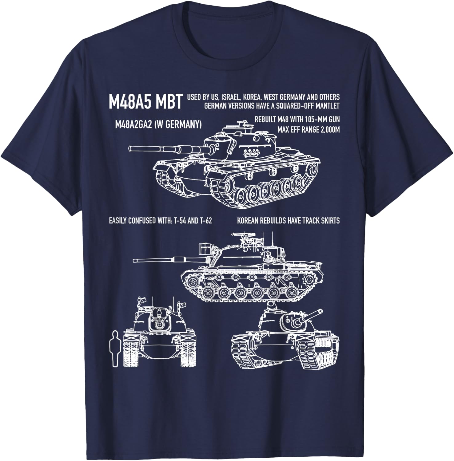 M48 A5 Patton Tank American Blueprint Diagram T-Shirt - T-Shirt | Navy