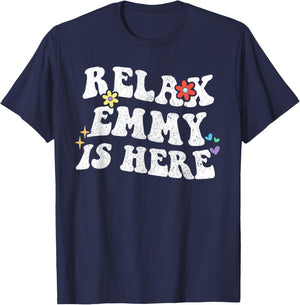 Retro Groovy Relax Emmy Is Here Funny Mother's Day Name , Small, Black T-Shirt - T-Shirt | Navy