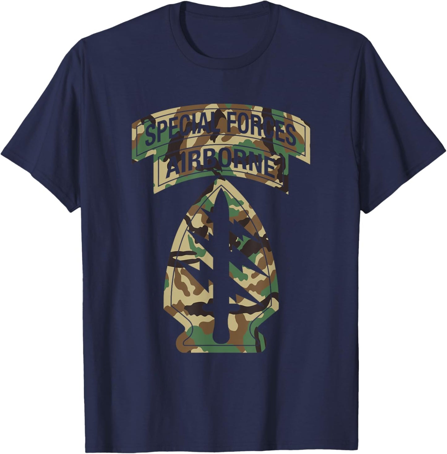 US Special Forces - SF Green Beret Patch & Tab BDU Camo T-Shirt - T-Shirt | Navy
