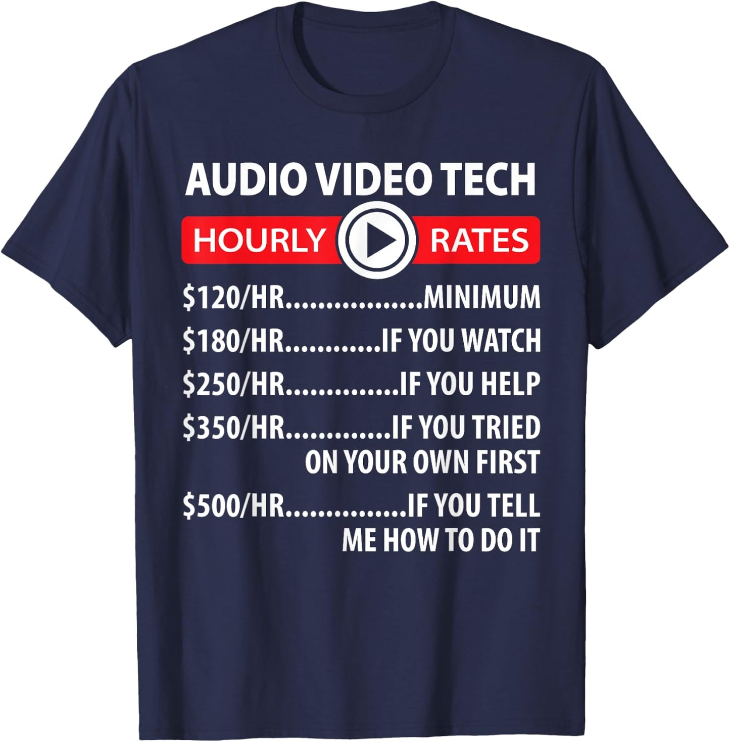 Audio Video Tech Hourly Rates Joke Shirt Funny A/V Installer T-Shirt - T-Shirt | Navy