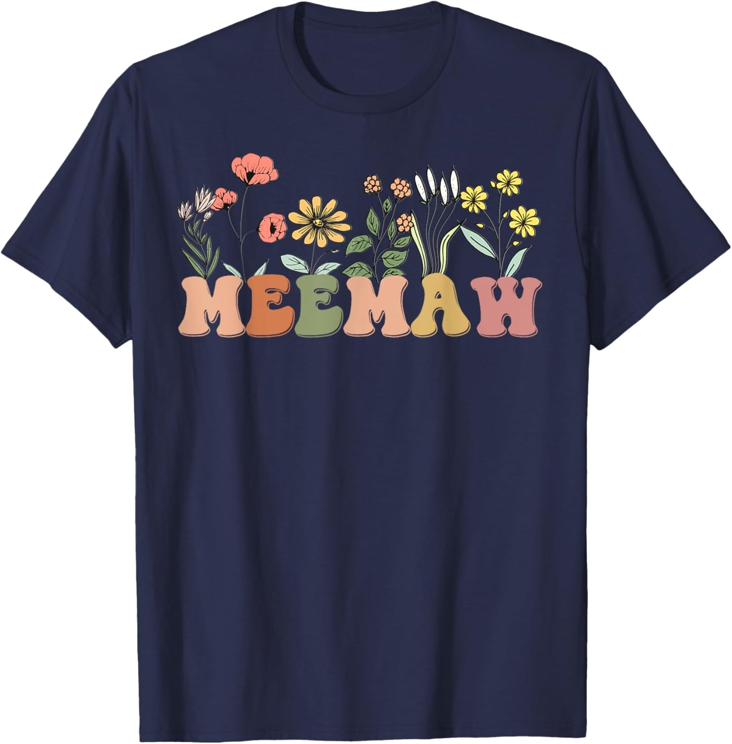 Meemaw For Grandma Retro Wildflowers Mother's Day Meemaw T-Shirt - T-Shirt | Navy