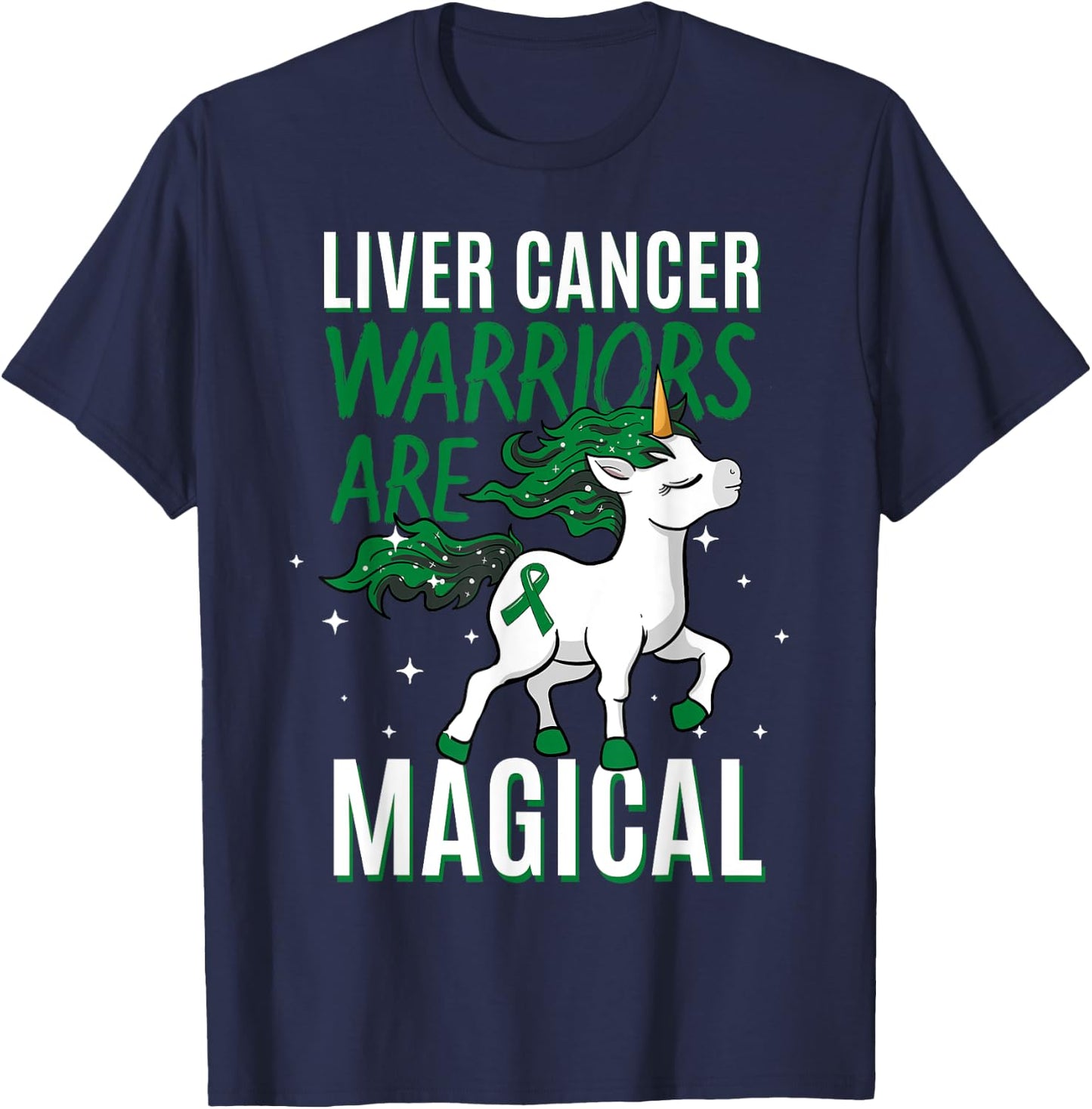 Liver Cancer Warrior Magical Unicorn Green Ribbon Jaundice T-Shirt - T-Shirt | Navy