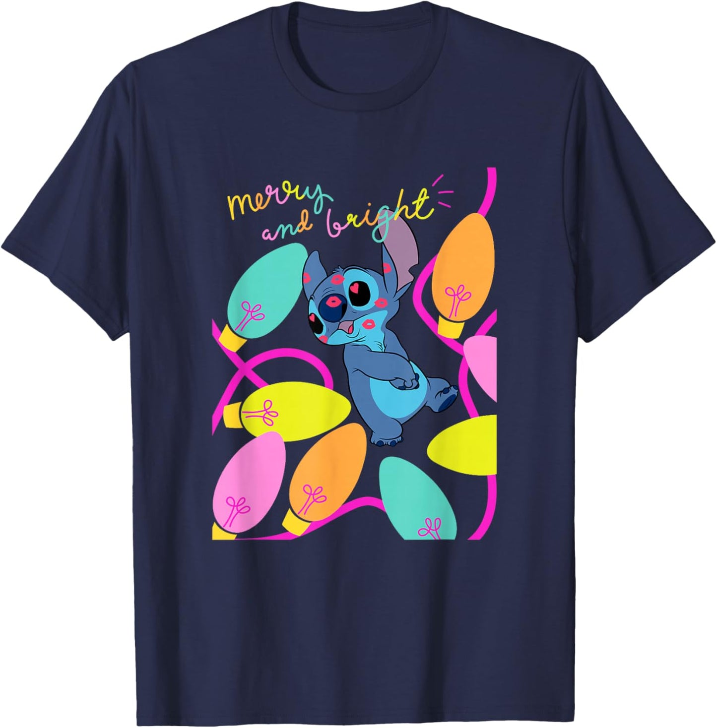 Disney Lilo & Stitch Christmas Merry And Bright Stitch Light T-Shirt - T-Shirt | Navy