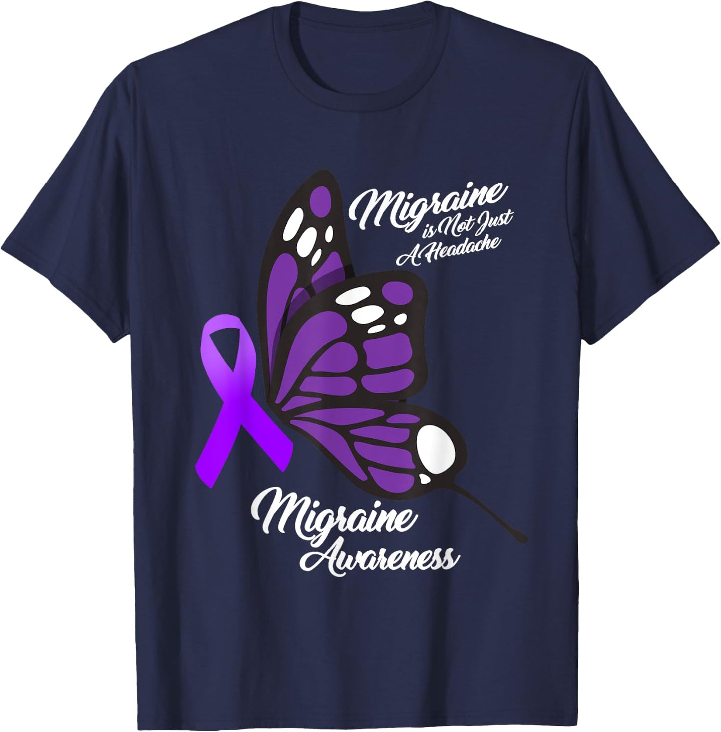 Migraine Awareness Not Just Headache Purple Ribbon Butterfly T-Shirt - T-Shirt | Navy