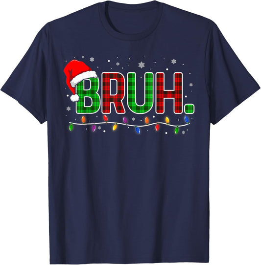Bruh Funny Christmas Plaid Teens Boys Men Kids Xmas Pajamas T-Shirt - T-Shirt | Navy