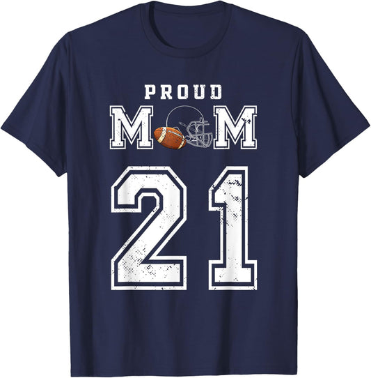 Custom Proud Football Mom Number 21 Personalized T-Shirt - T-Shirt | Navy