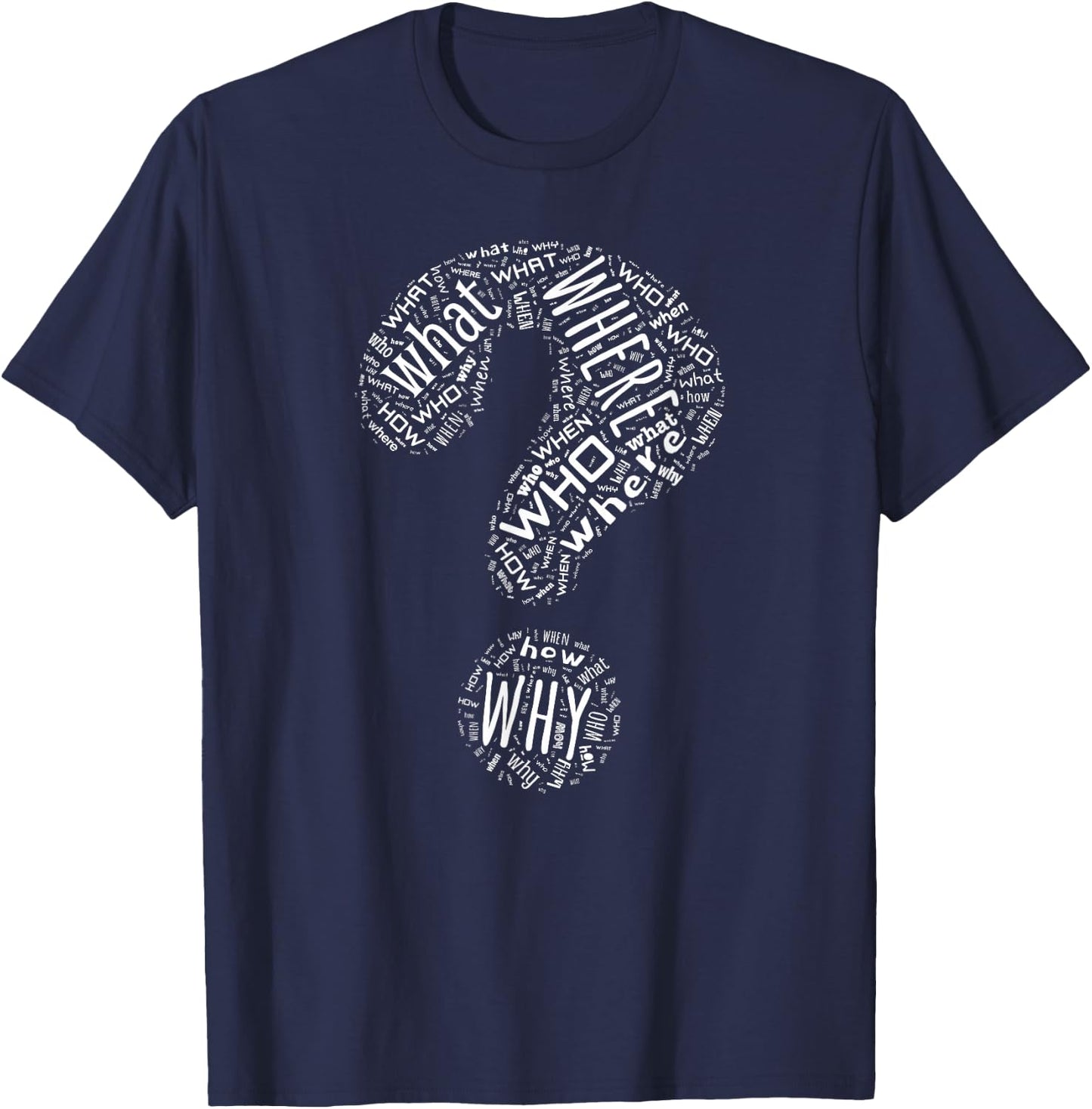 English Writing Questioning Typographic Designs - Black Question Mark Who What Where When Why How Punctuation - -Adults - Small - Short Sleeve - Modern - Casual - Humor T-Shirt - T-Shirt | Navy