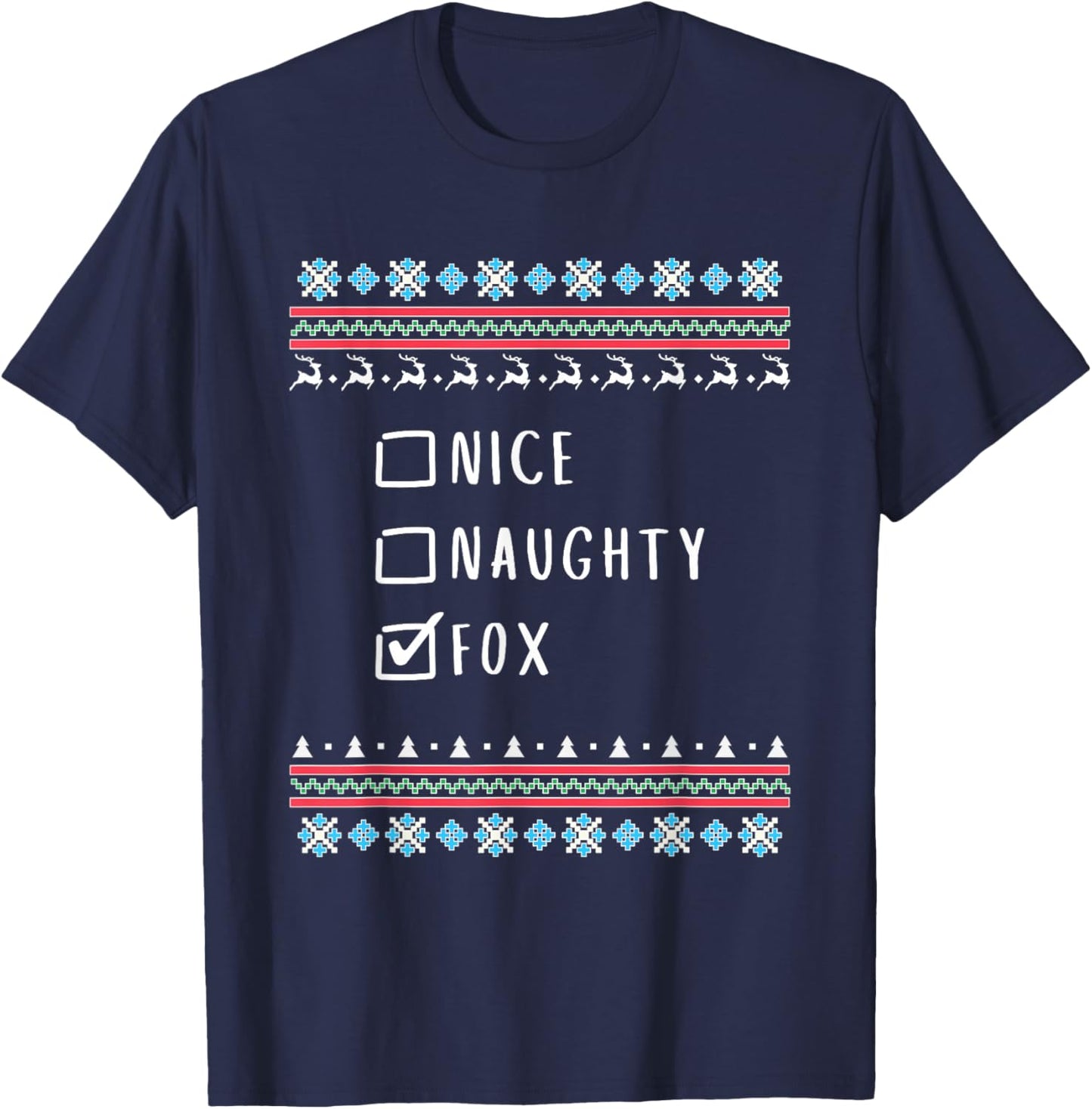 Nice, Naughty, Fox, Ugly Sweater Style T-Shirt - T-Shirt | Navy