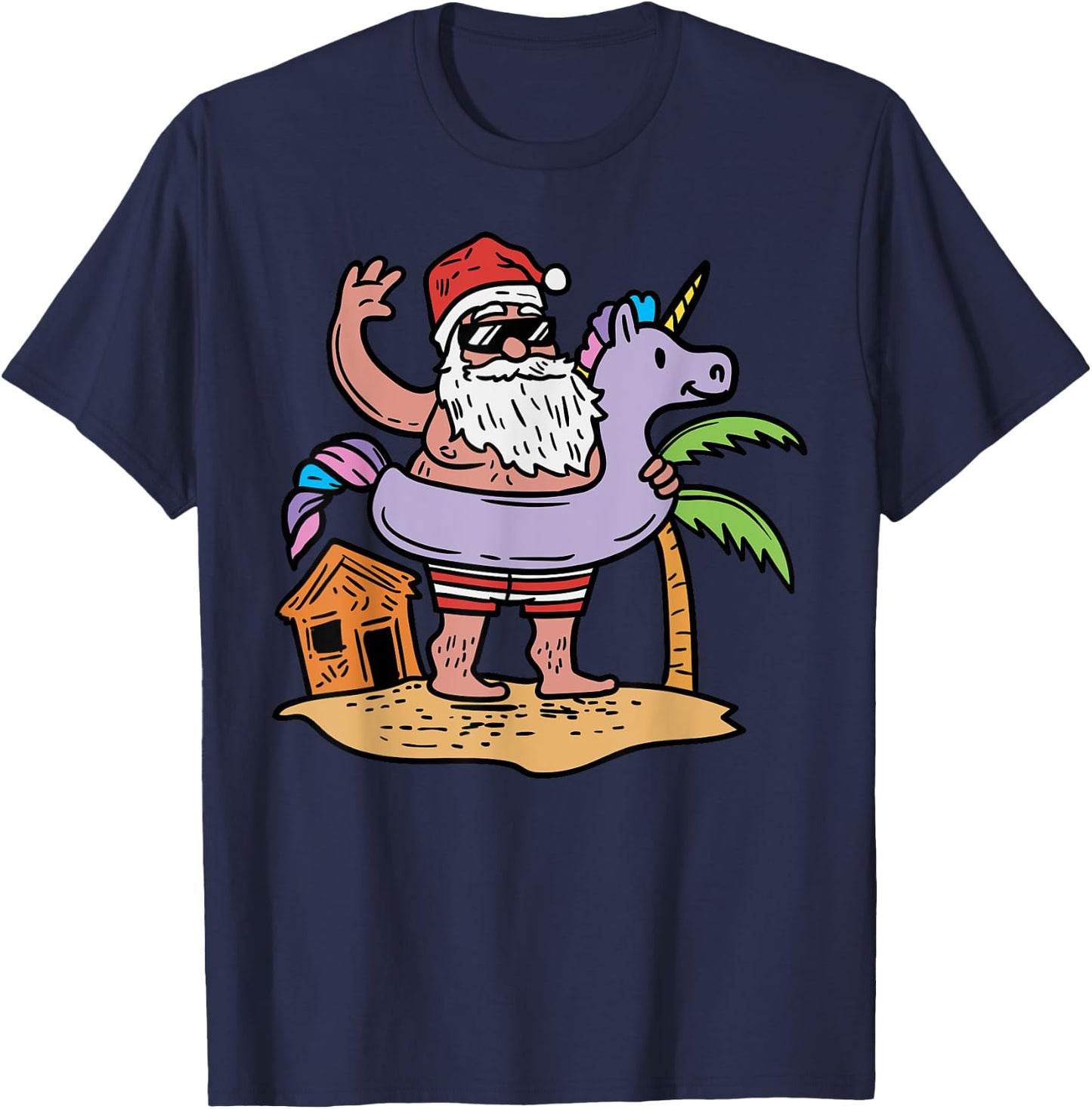 Summer Santa Unicorn Floater Funny Christmas July Beach Gift Women Kids T-Shirt - T-Shirt | Navy