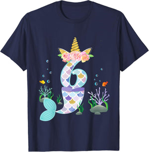 6 Year Old Unicorn Mermaid Birthday Tail Girl Theme 6th Gift T-Shirt - T-Shirt | Navy