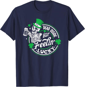 Skeleton Dead Inside But Feeling Lucky Retro St Patricks Day T-Shirt - T-Shirt | Navy