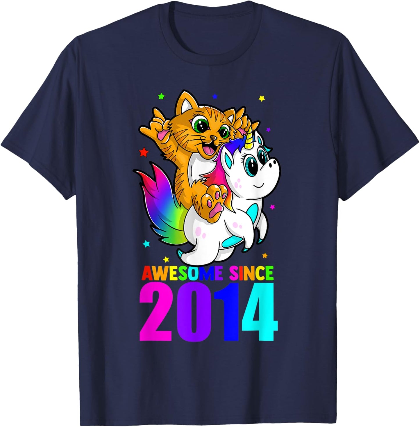 Awesome Since 2014 Unicorn Cat Birthday Girl Boys Cute Kids T-Shirt - T-Shirt | Navy