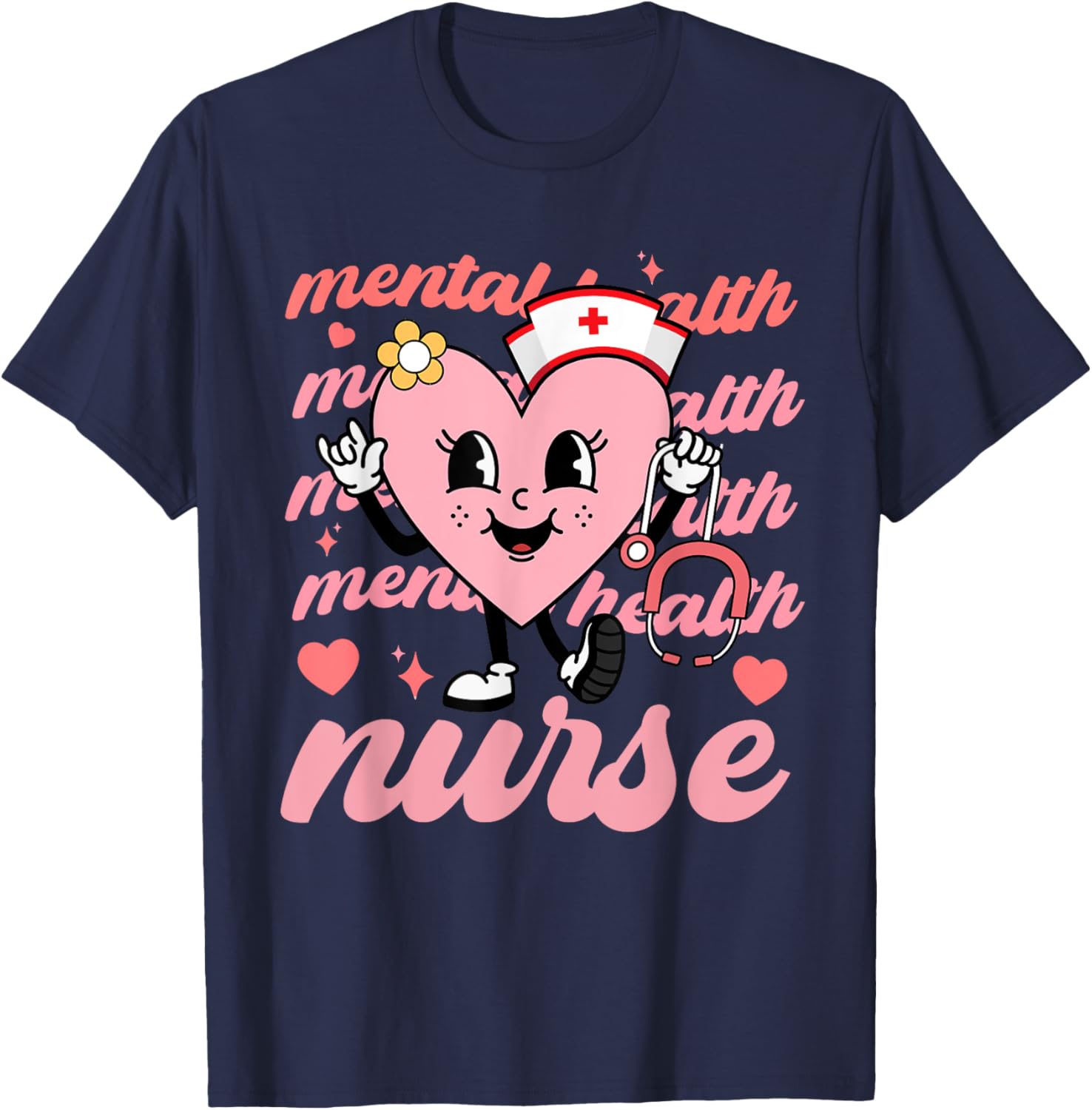 Retro Mental Health Nurse Valentines Day Hearts Stethoscope T-Shirt - T-Shirt | Navy