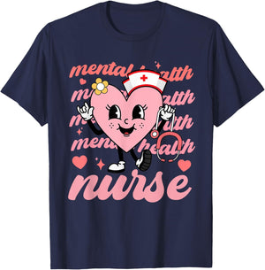 Retro Mental Health Nurse Valentines Day Hearts Stethoscope T-Shirt - T-Shirt | Navy