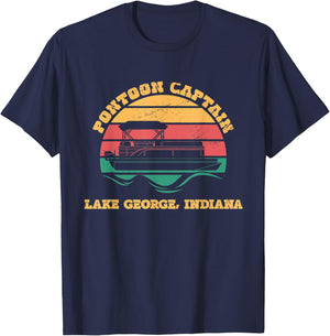 Lake George Indiana Funny Pontoon Captain Retro Sunset T-Shirt - T-Shirt | Navy