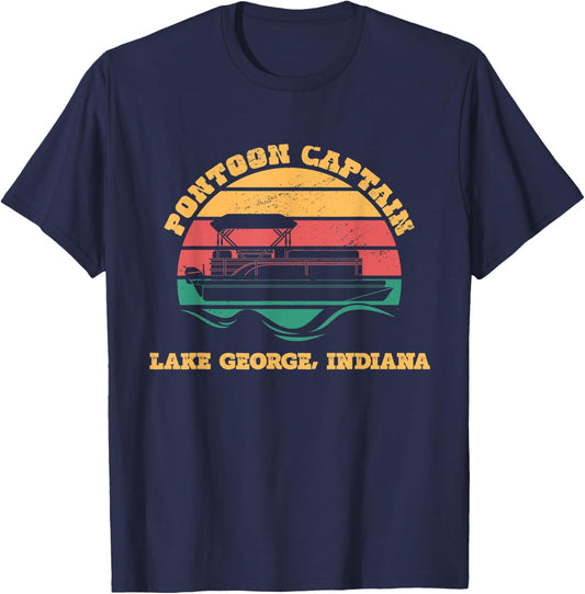 Lake George Indiana Funny Pontoon Captain Retro Sunset T-Shirt - T-Shirt | Navy