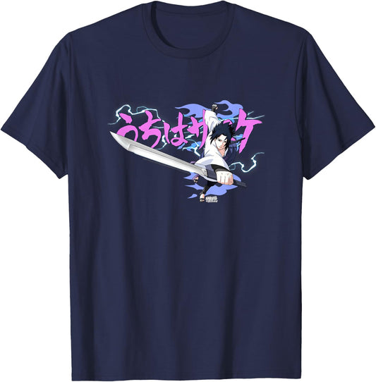 Naruto Shippuden Sasuke Sword Pastel Lightning Anime T-Shirt - T-Shirt | Navy