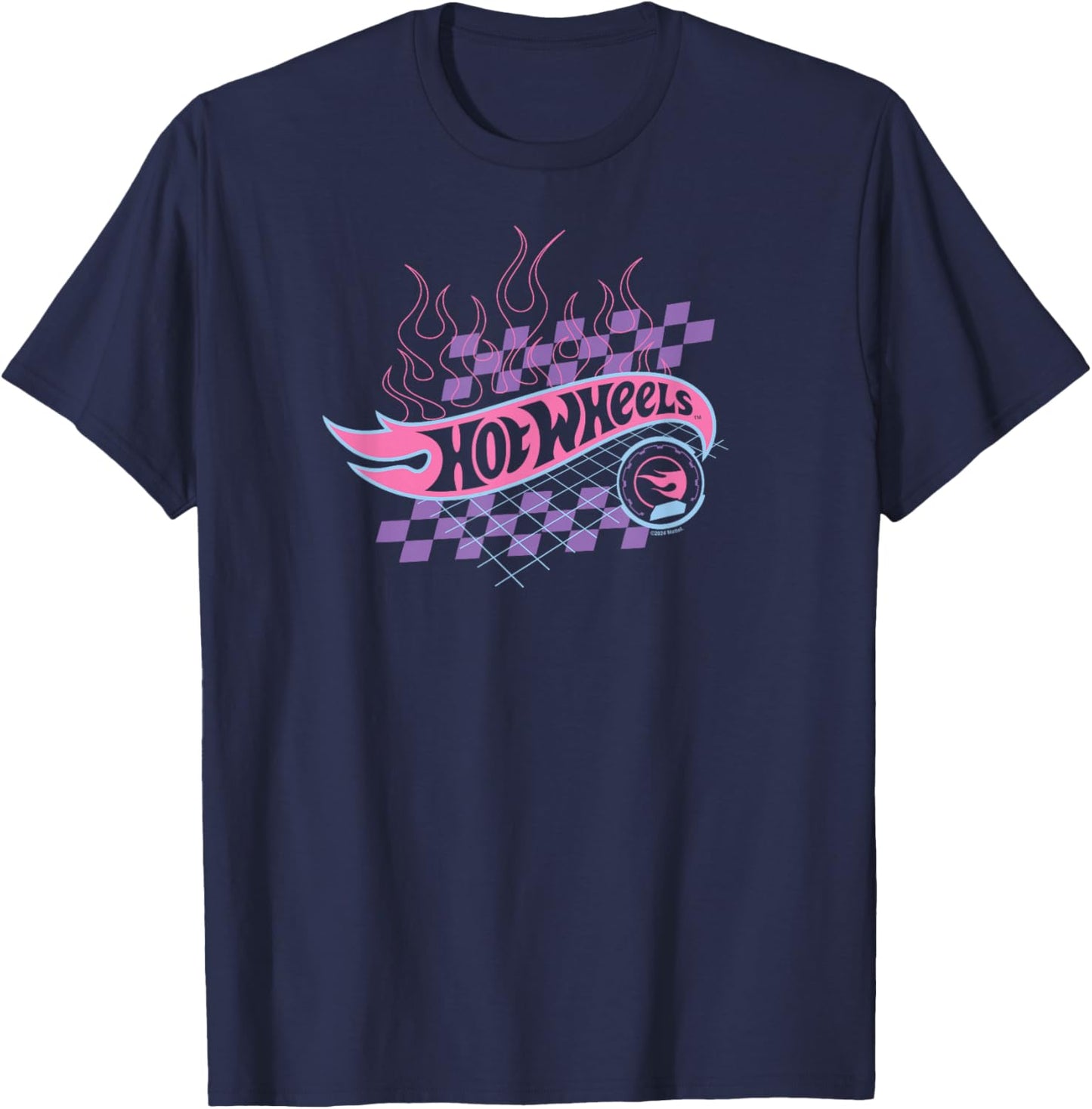 Hot Wheels - Flaming Logo With Checkered Background T-Shirt - T-Shirt | Navy