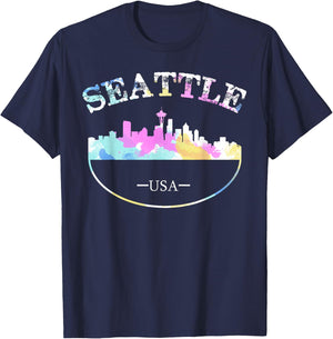 Grunge Seattle Skyline Distressed Look Design T-Shirt - T-Shirt | Navy