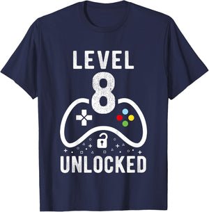 Level 8 Unlocked Video Game 8th Birthday Gift T-Shirt - T-Shirt | Navy