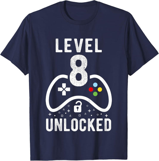 Level 8 Unlocked Video Game 8th Birthday Gift T-Shirt - T-Shirt | Navy