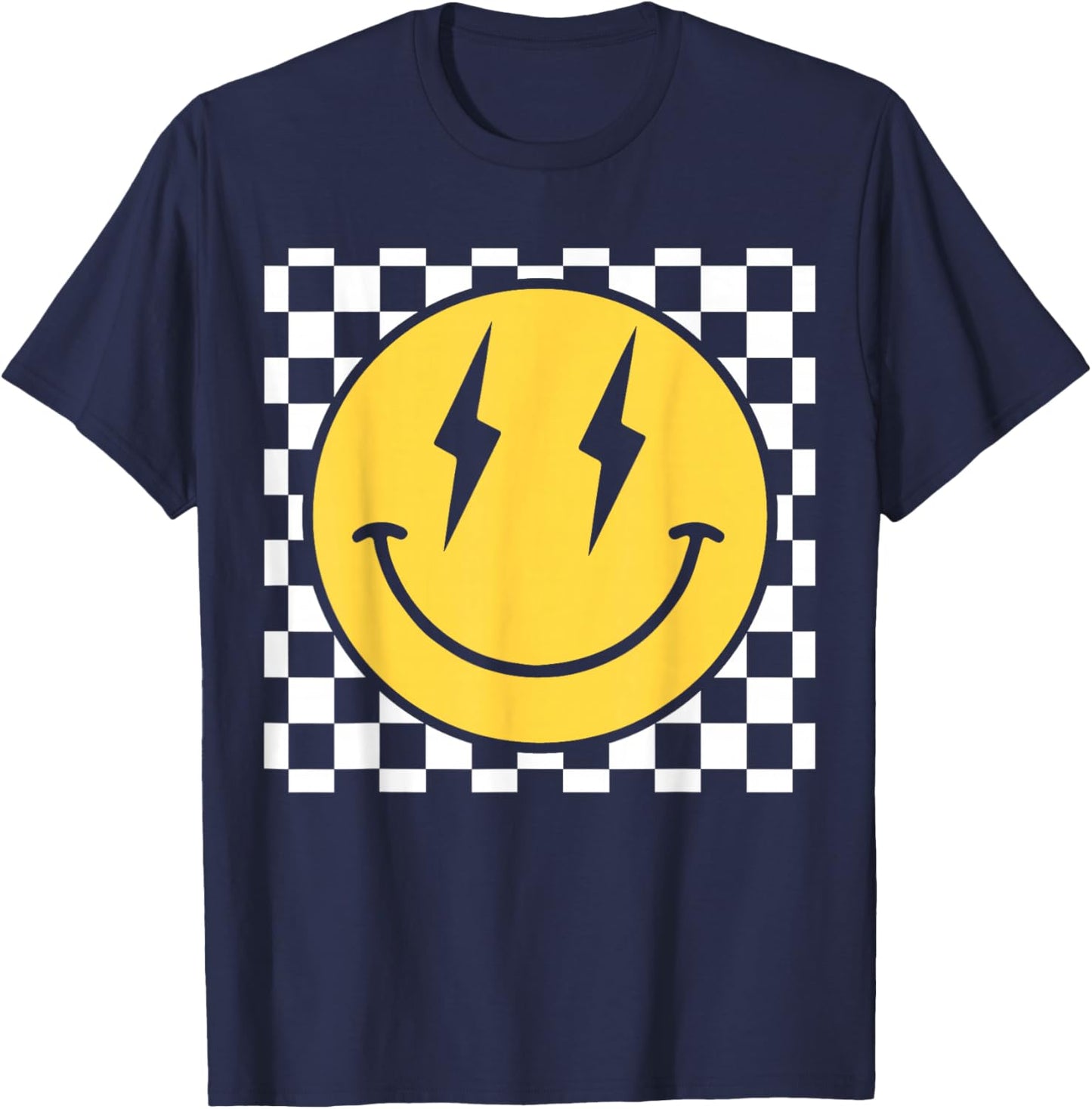Retro Happy Face Distressed Checkered Pattern Smile Face T-Shirt - T-Shirt | Navy