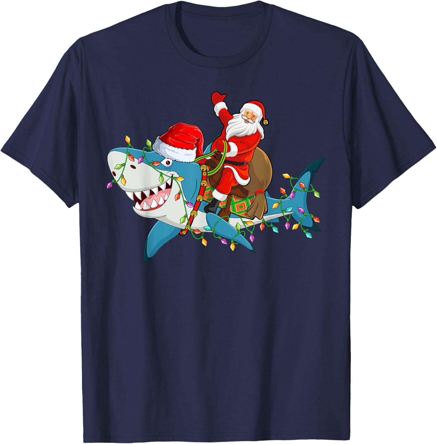 Shark Lover Xmas Lights Santa Ride Shark Christmas T-Shirt - T-Shirt | Navy