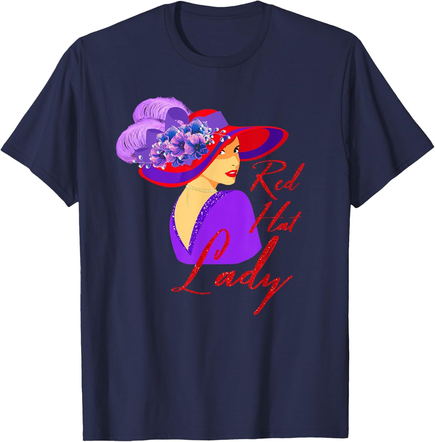 Red Hat Elegant Lady Vintage Style T-Shirt - T-Shirt | Navy