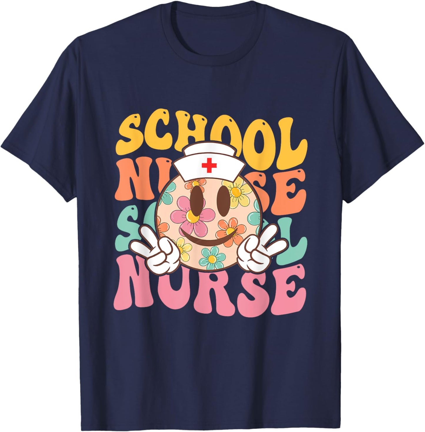 Retro groovy Smile face School Nurse back to school women T-Shirt - T-Shirt | Navy