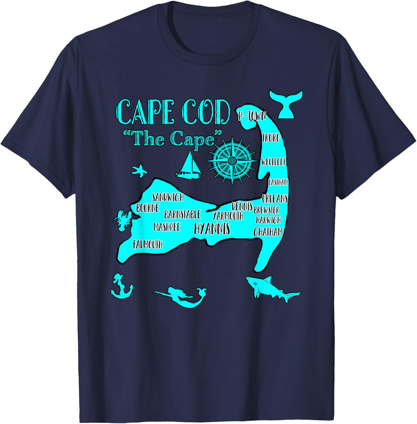 Cape Cod Aqua Blue Nautical Symbols Fish Map T-Shirt - T-Shirt | Navy