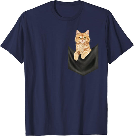 Peeking Cat, Cute Cat in Pocket Cats Shirt T-Shirt - T-Shirt | Navy