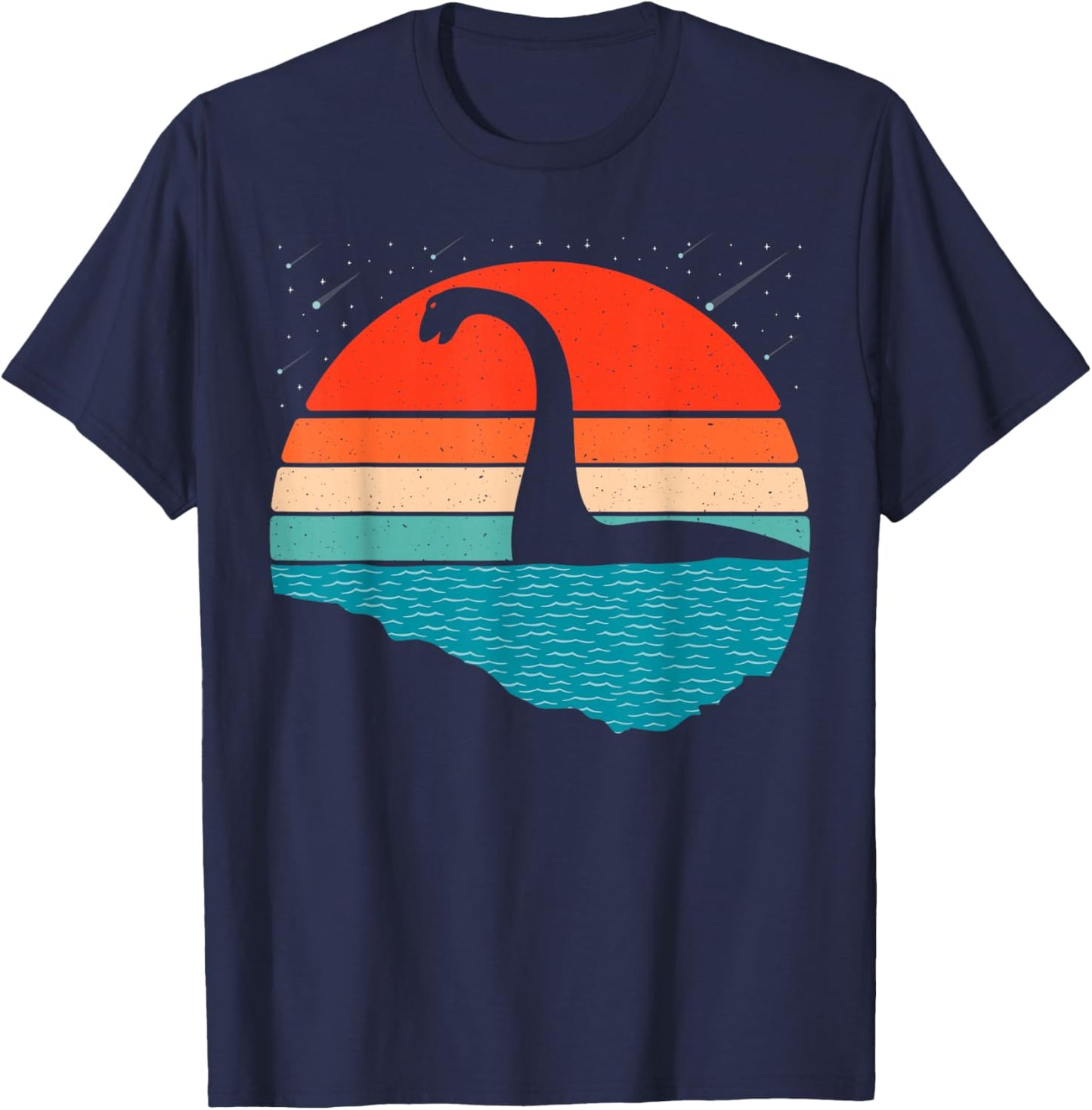Nessie The Loch Ness Monster-Grafik, Retro-Sonnenuntergang, Loch Ness T-Shirt - T-Shirt | Navy