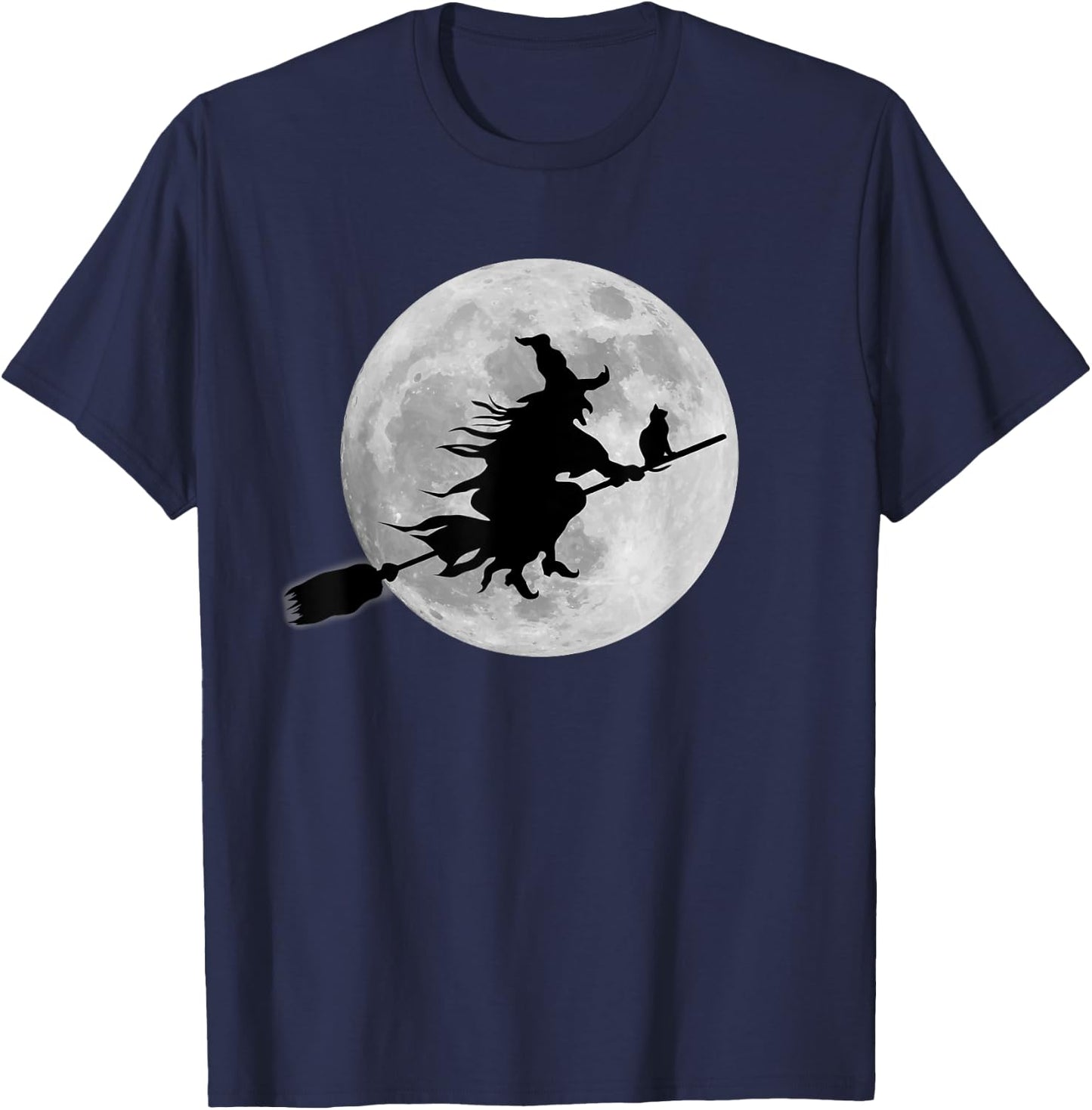 Flying Witch On Broomstick Halloween Full Moon Black Cat Women Kids T-Shirt - T-Shirt | Navy