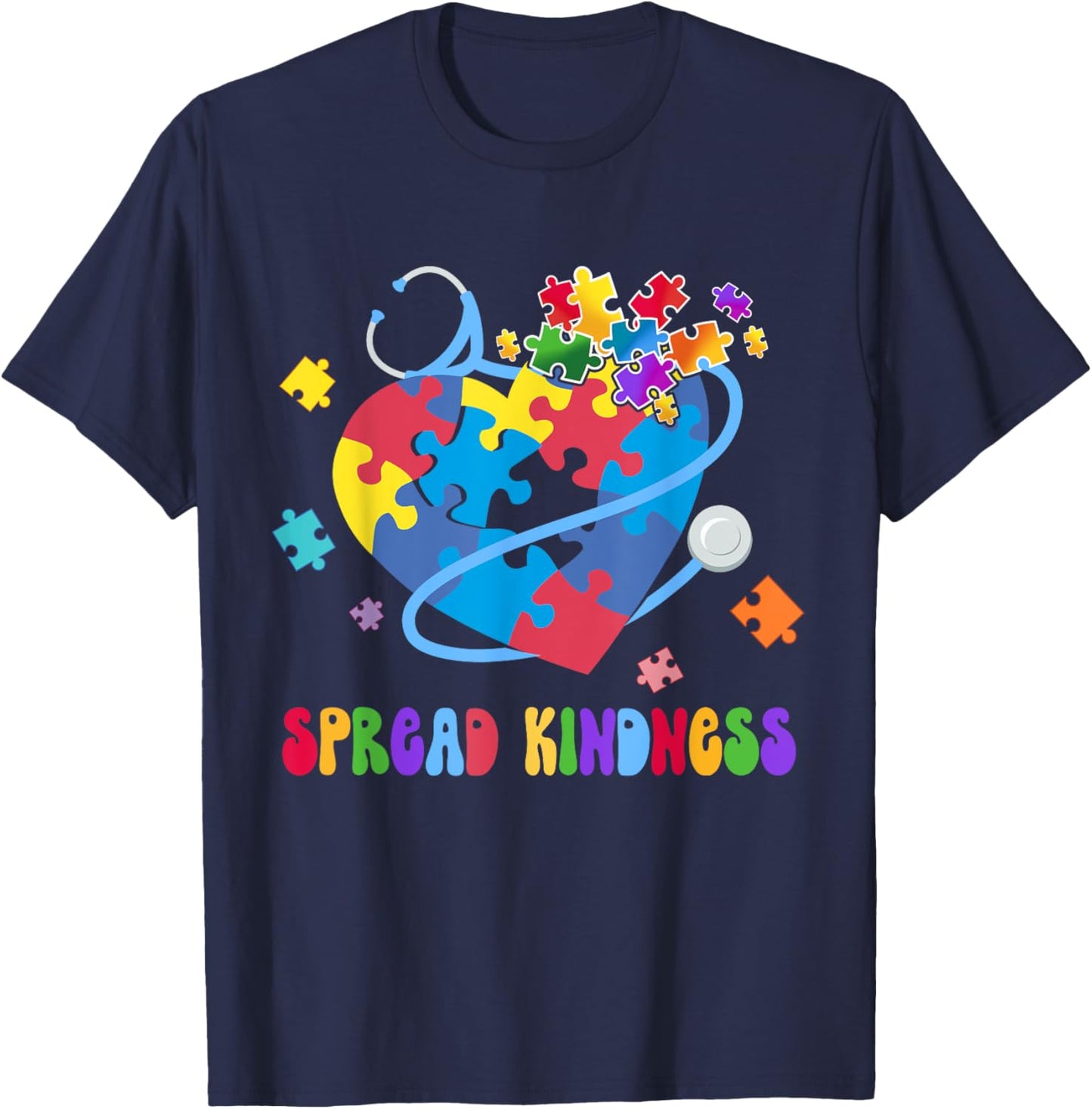 Spread Kindness Autism Awareness Stethoscope Heart Nurse T-Shirt - T-Shirt | Navy