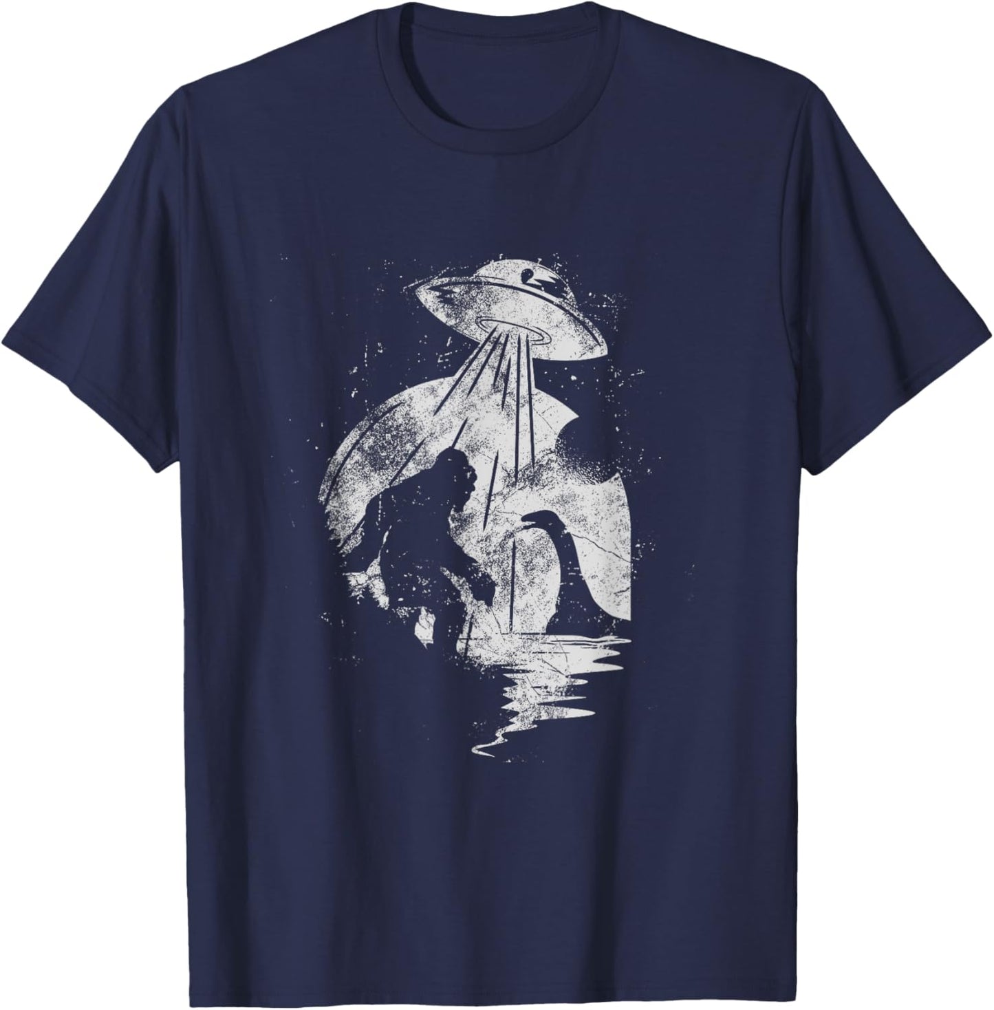 Bigfoot And Loch Ness Monster Being Abducted By A UFO T-Shirt - T-Shirt | Navy