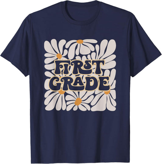 Retro Flower Power Squared First 1st Grade Back To School T-Shirt - T-Shirt | Navy