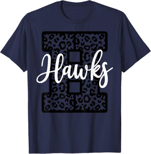 Hawks School Spirit Sport Leopard Cheer Fan Game Day T-Shirt - T-Shirt | Navy