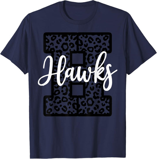 Hawks School Spirit Sport Leopard Cheer Fan Game Day T-Shirt - T-Shirt | Navy
