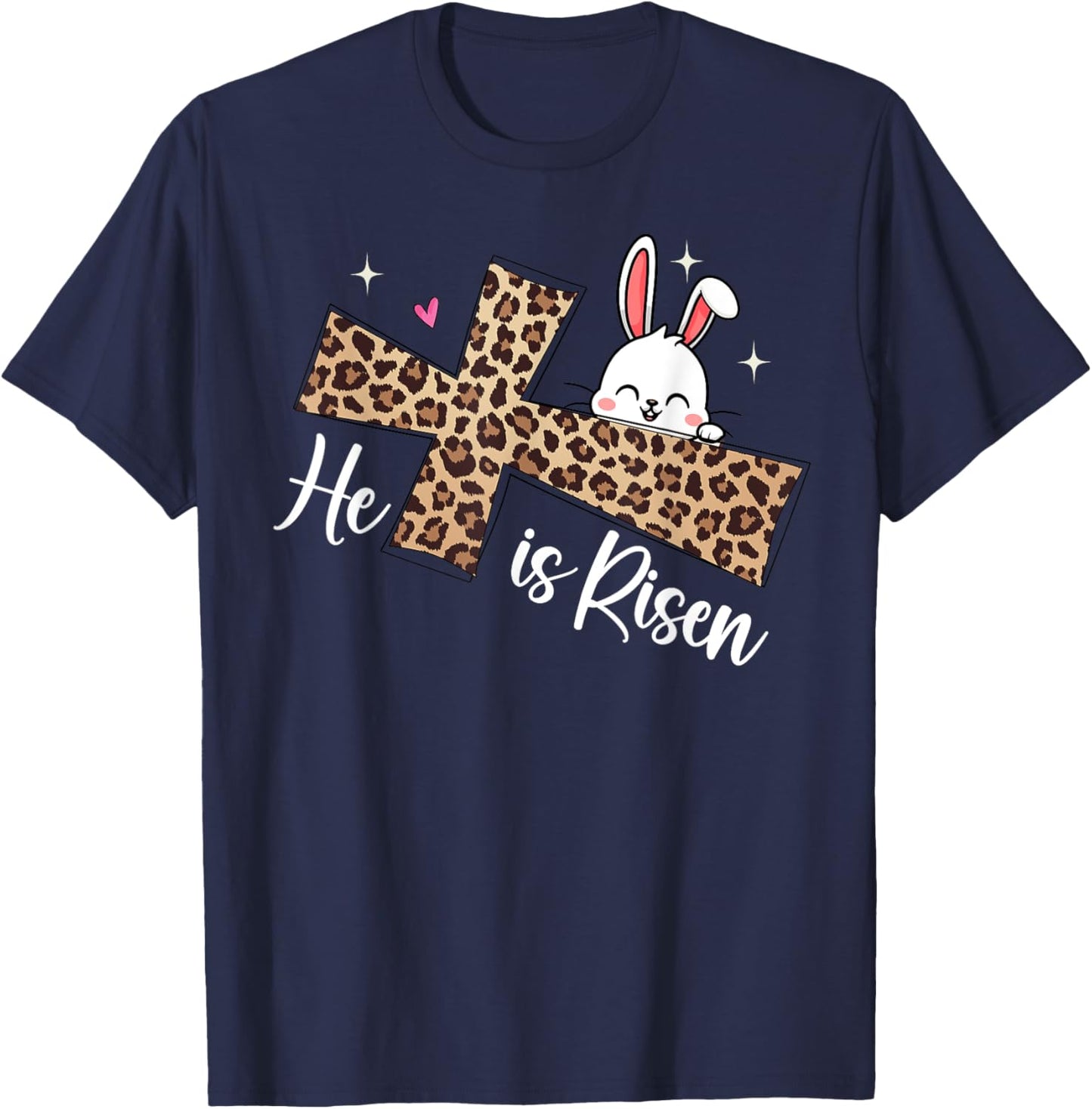 He Is Risen Leopard Cross Bunny Easter Day Christian Faith T-Shirt - T-Shirt | Navy