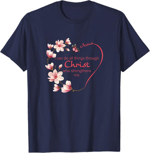 Philippians 4:13 Christian Gifts Her Butterfly Pink Magnolia T-Shirt - T-Shirt | Navy