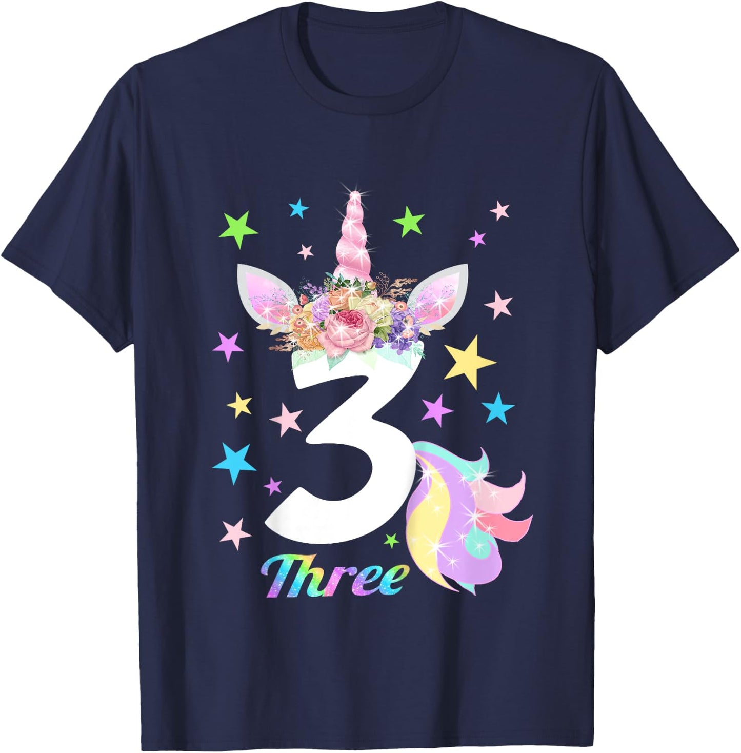Number 3 (Three) 3 Year Old Unicorn 3rd Birthday Shirt T-Shirt - T-Shirt | Navy