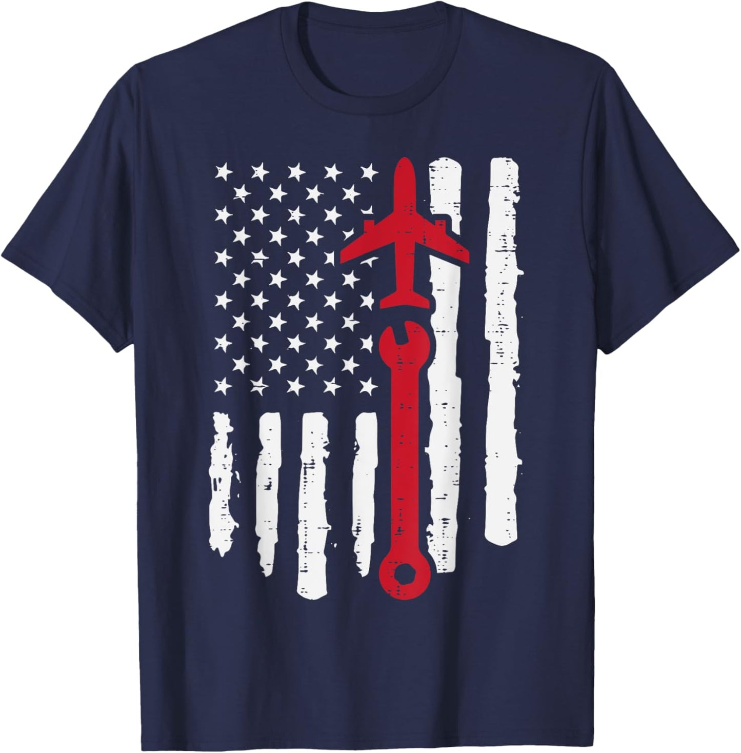 US Flag Airplane Wrench Aircraft Mechanic Patriot Men Women T-Shirt - T-Shirt | Navy