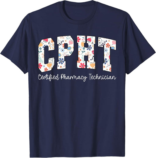 Retro Floral CPHT Certified Pharmacy Technician Pharmacist T-Shirt - T-Shirt | Navy