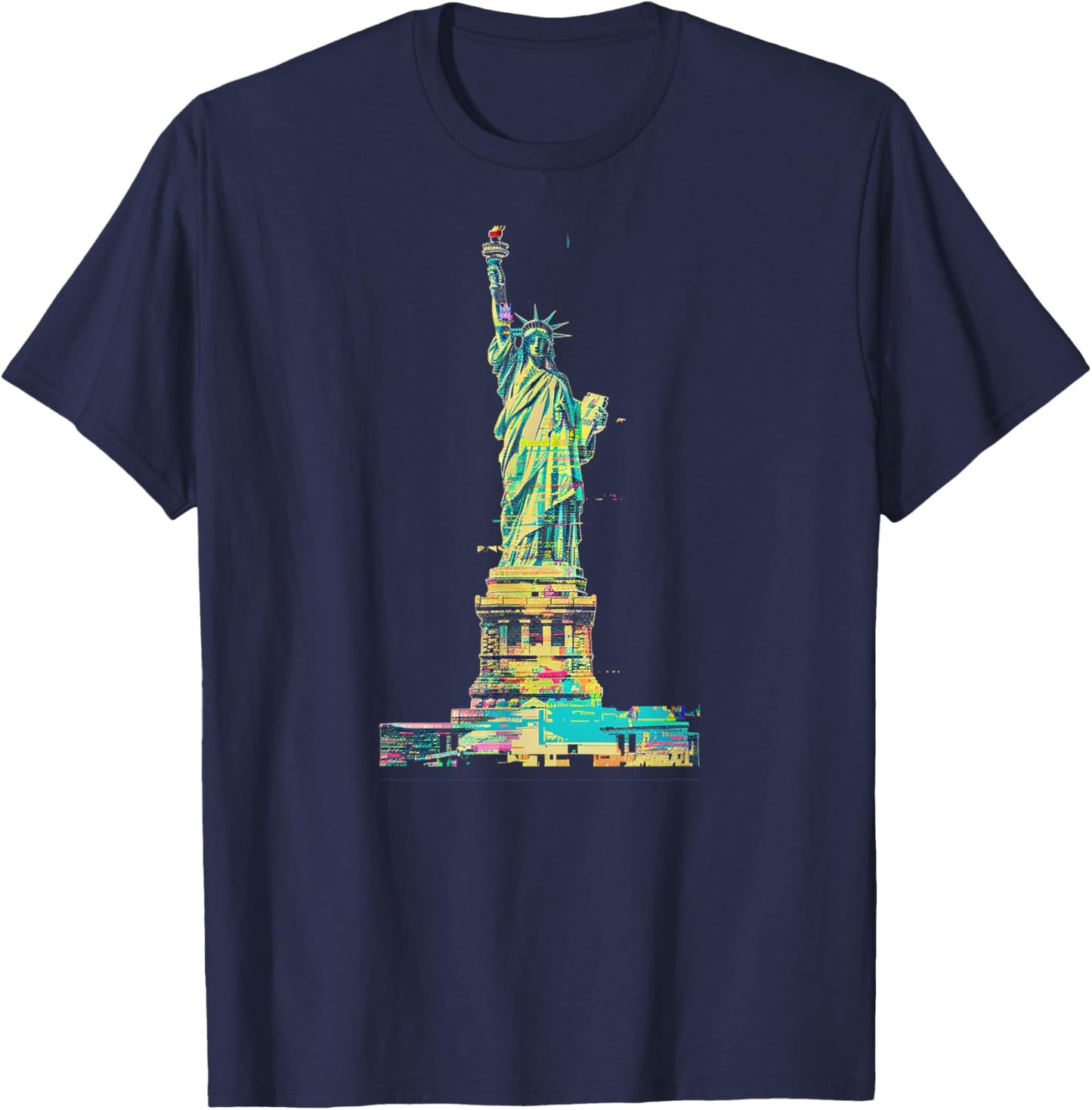 Glitch Art Statue of Liberty Cyan Magenta Yellow T-Shirt - T-Shirt | Navy