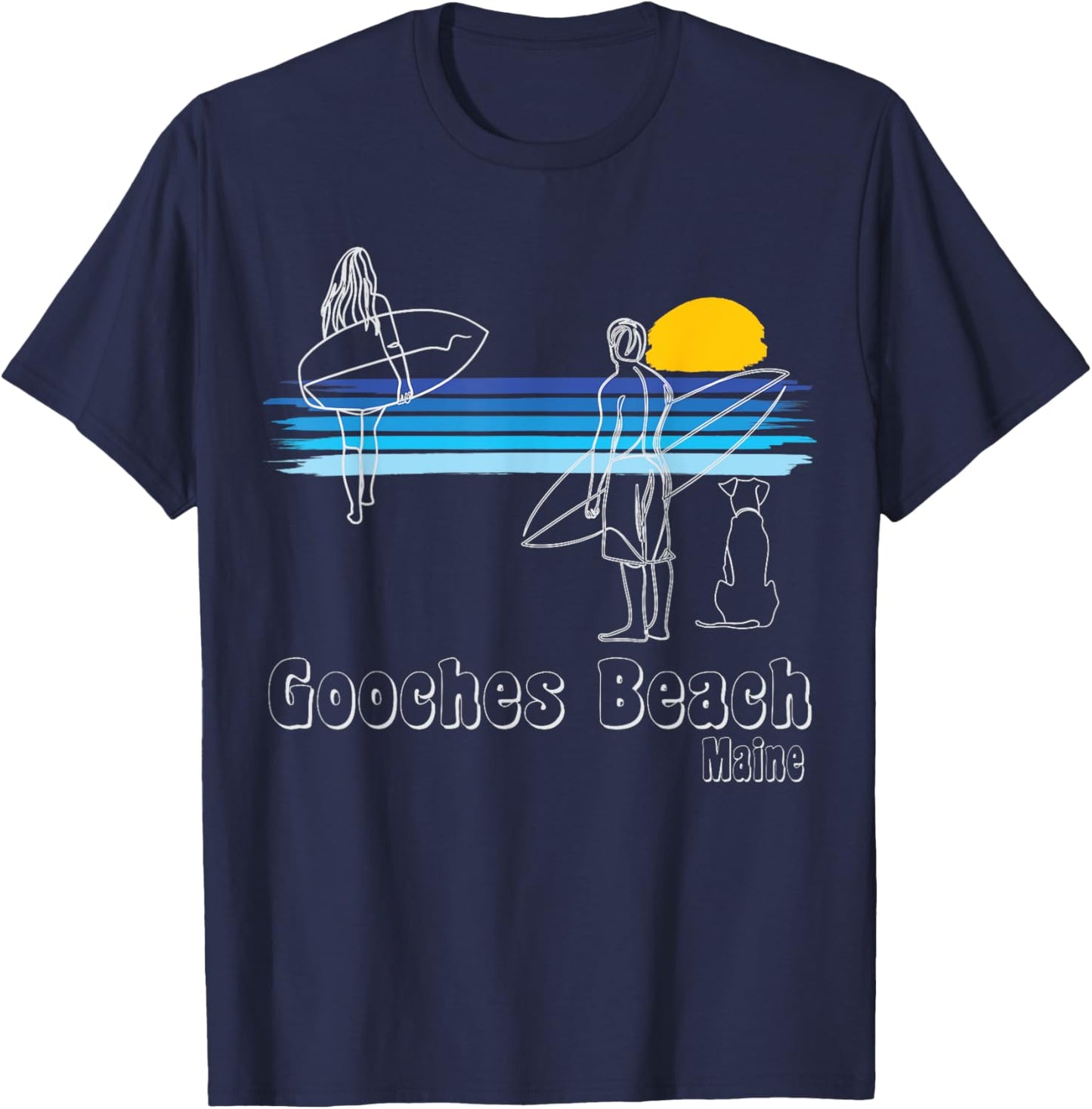Gooches Beach Maine Surf Guy, Girl with dog Surfing T-Shirt - T-Shirt | Navy
