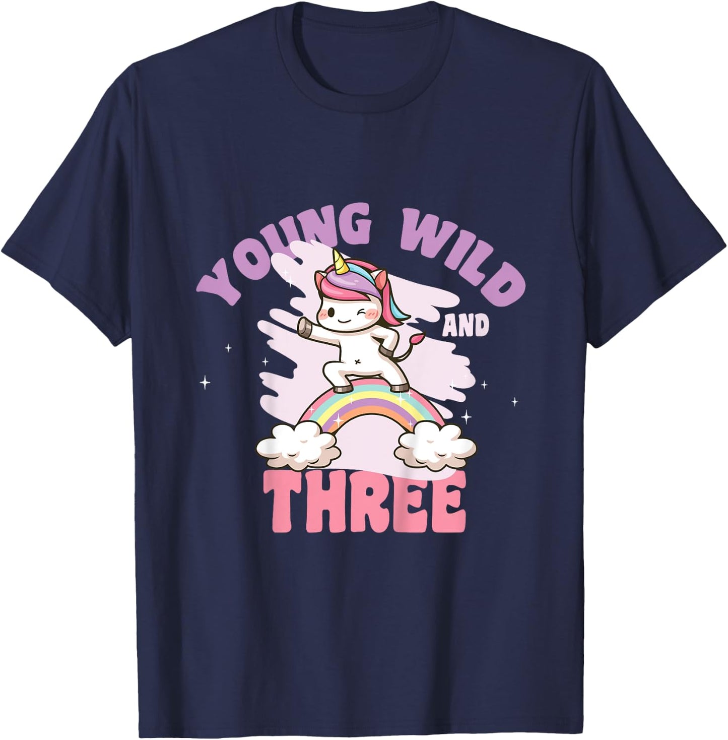 Young Wild & Three - Funny 3rd Birthday Kids Unicorn Girls T-Shirt - T-Shirt | Navy