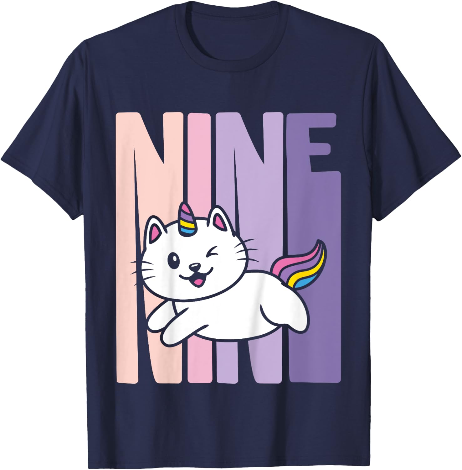 9 Year Old Cute Caticorn Cat Unicorn Birthday Girl B-day T-Shirt - T-Shirt | Navy