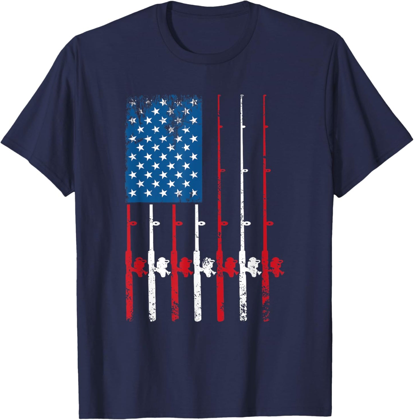 American Flag Fishing Rod Fishing Lover Vintage Fisherman T-Shirt - T-Shirt | Navy