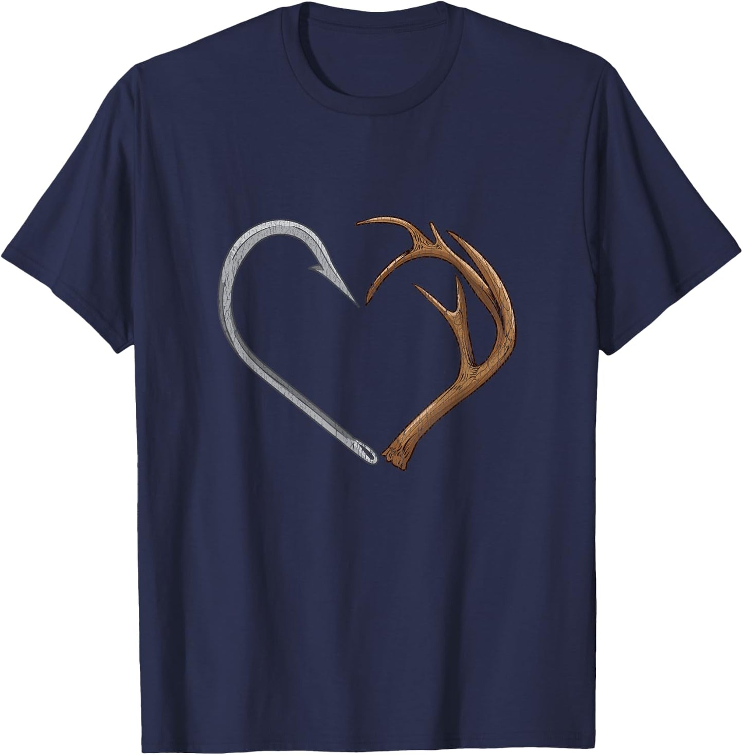 Fish Hook Elk Antlers Heart Hunting Love T-Shirt - T-Shirt | Navy